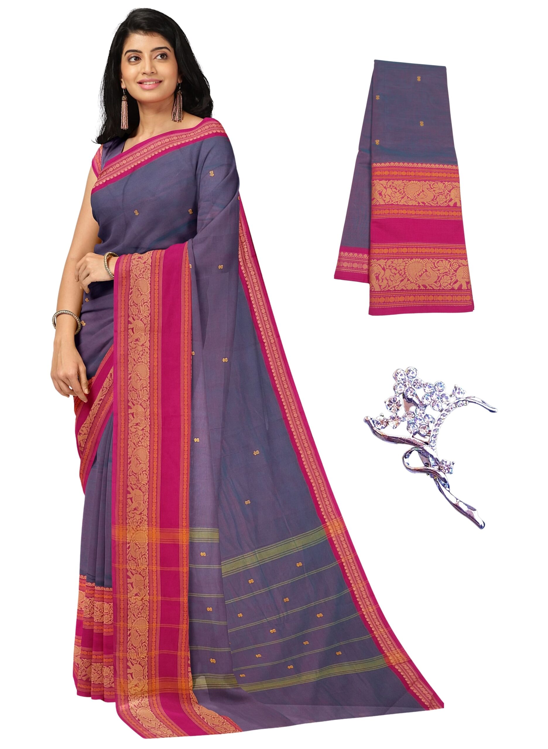 1 NandaVanam Women's Chettinad Cotton Sarees | Handloom Saree With Blouse | Pure Cotton Sarees For Women Daily Use & All Occasion Wear | Soft, Comfort Cotton Saree Women's Chettinad Cotton Sarees | Handloom Saree With Blouse - Image 1