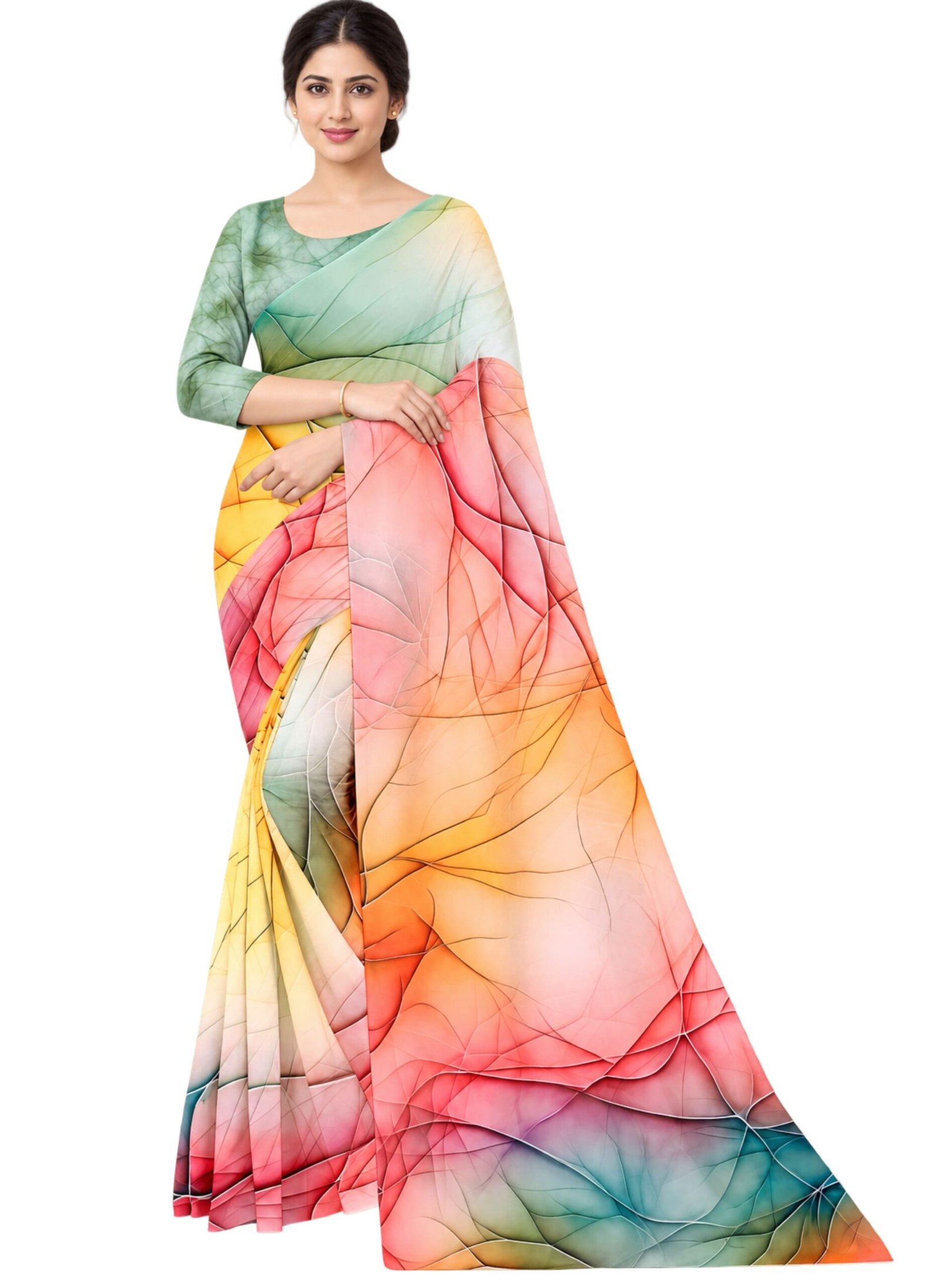 Model wearing a floral print crepe saree with its pallu spread out NandaVanam Floral Print Crepe Saree with Unstitched Blouse Piece - Image 1